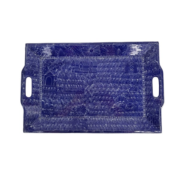 UNIQUE HAND PAINTED WOOD TRAY LARGE MEXICO BLUE - Picture 2 of 7